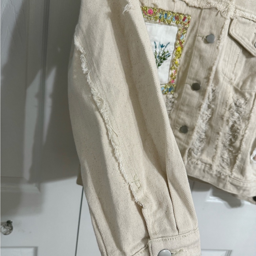 Pol Patchwork Distressed Denim Jacket Cream Size … - image 2